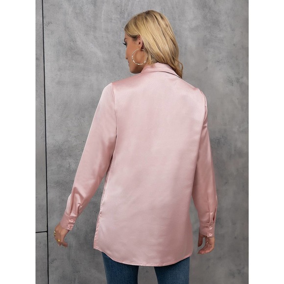 Minimalist Button Down Collared Long Sleeve Satin Blouse - baby pastel pink - Picture 2 of 4